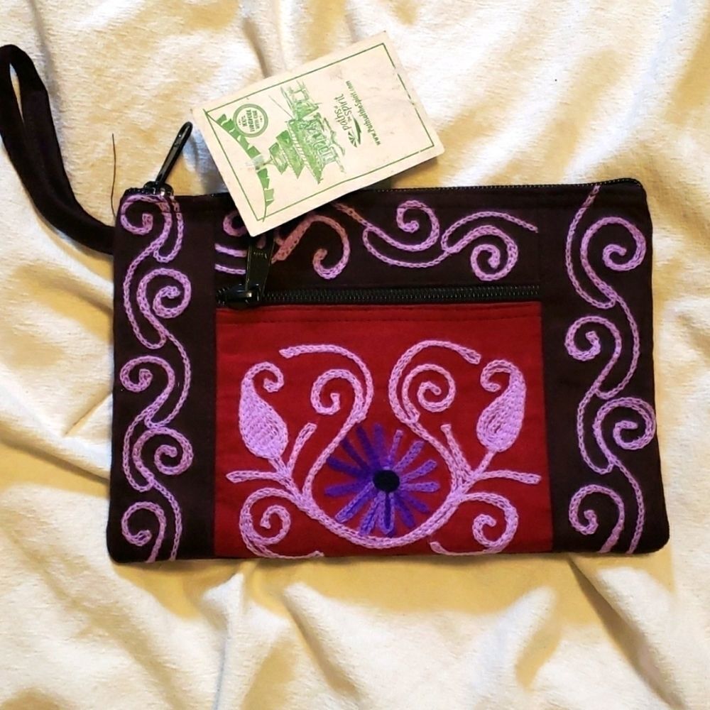 Handmade in Nepal embroidered purple wristlet handbag clutch